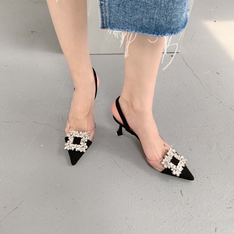 giày cao gót 7cm nhọn mũi đá mica trong bít mũi