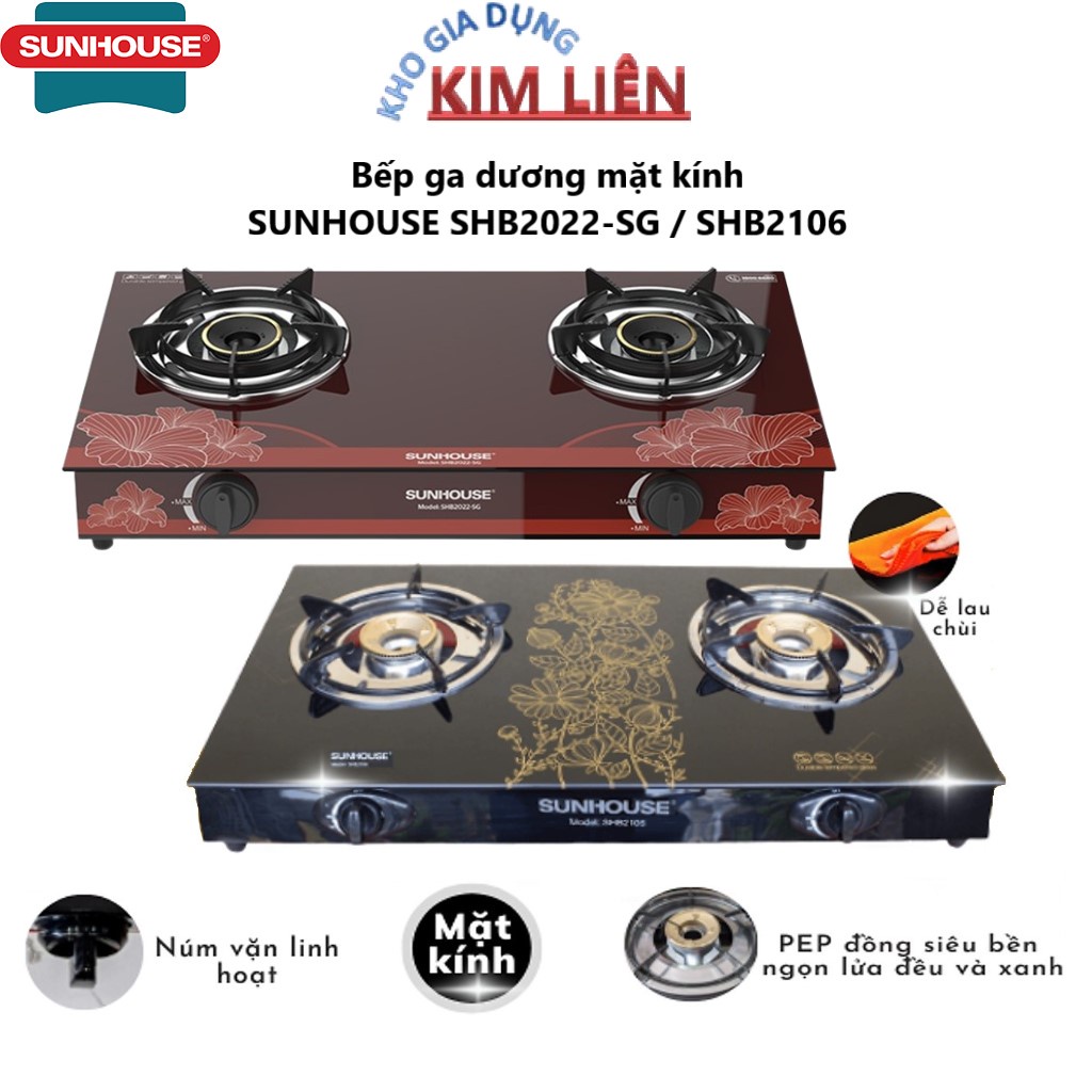 Bếp ga đôi dương mặt kính SUNHOUSE SHB2022-SG / SHB2106 - Chính hãng BH 12 tháng