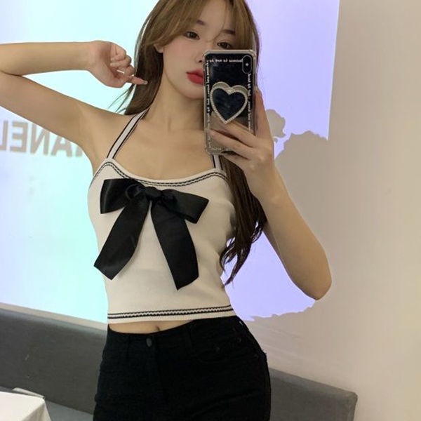 Jiashucheng Áo Hai Dây Dệt Kim Quấn Ngực Mùa Hè Dáng Ngắn Thắt Nơ Bên Trong