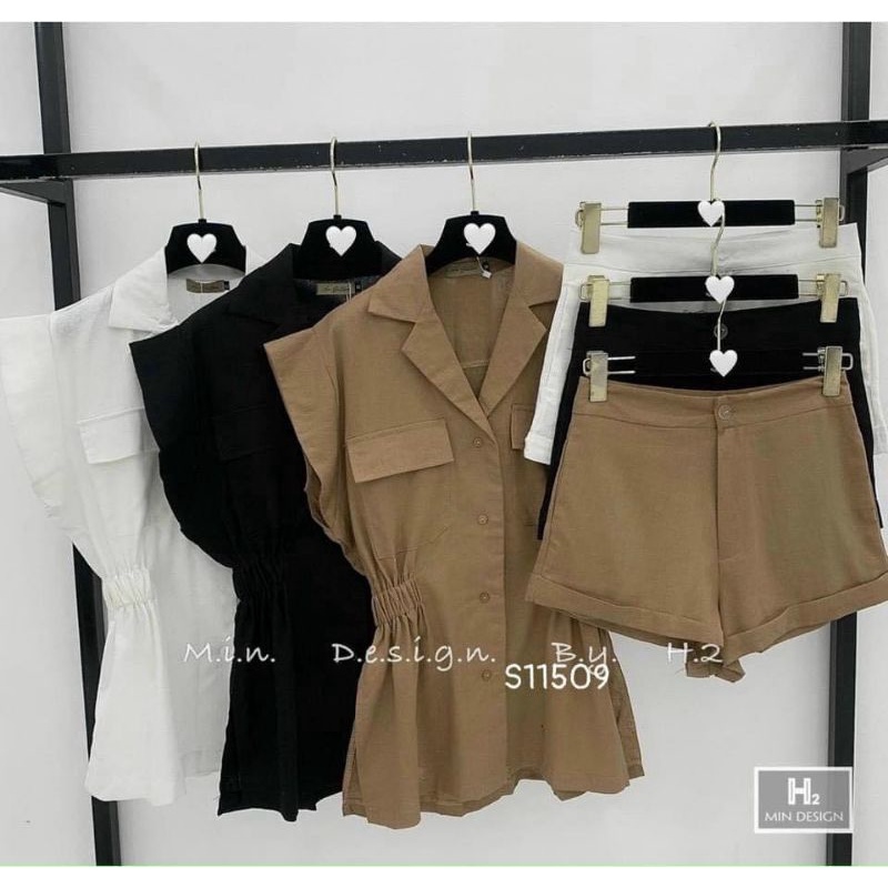 Set Bộ Áo Sơ Mi Chun Eo Mix Quần Short Tôn Dáng