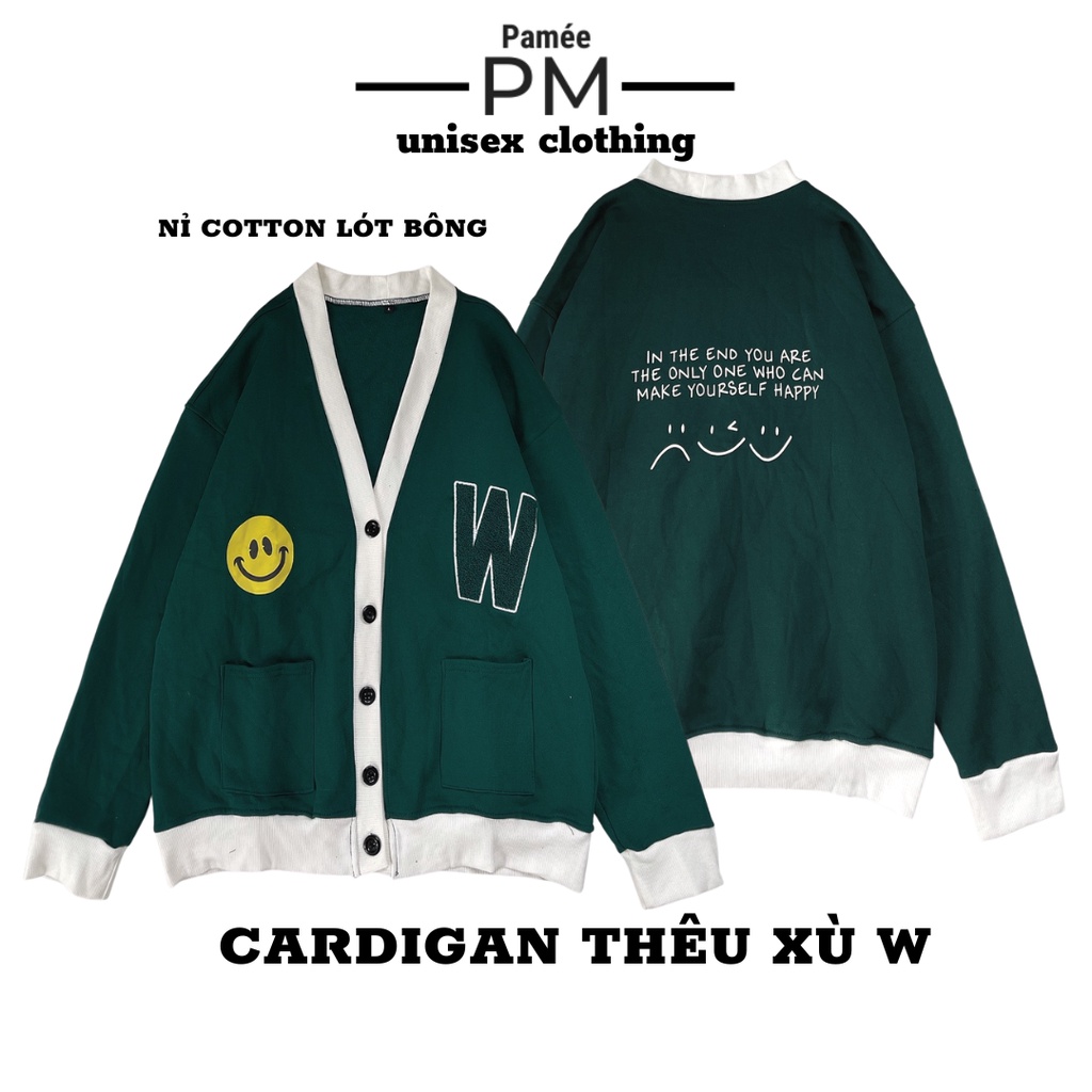 Áo khoác CARDIGAN nỉ thêu xù W màu xanh viền trắng form rộng nam nữ unisex ulzzang - Pamée