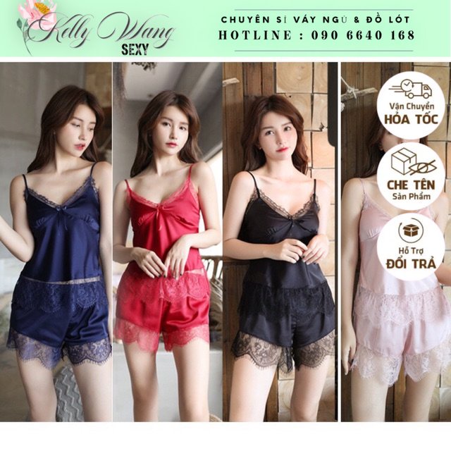 SX 312 bộ ngủ lụa satin phối ren tặng kèm mút ngực - đồ ngủ sexy - KELLY WANG