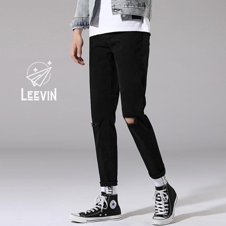 Quần Jean Nam Rách Gối Màu Đen phong cách Slim Fit Kiểu quần bò nam form ôm dáng Leevin Store