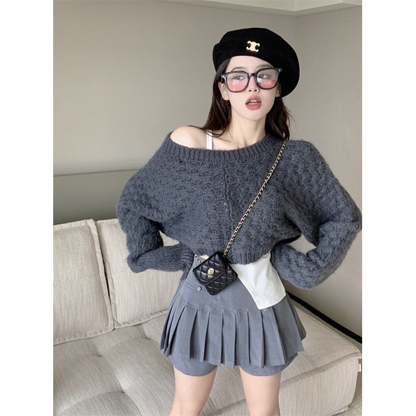 (Order) Áo len nữ dãng ngắn croptop lệch vai dài tay phong cách Hàn Quốc hot ulzzang