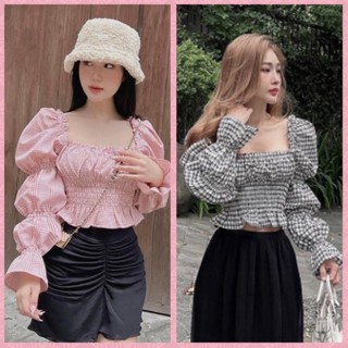 Áo kiểu croptop sọc kẻ caro tay phồng/ áo croptop cổ vuông tay phồng phối loe