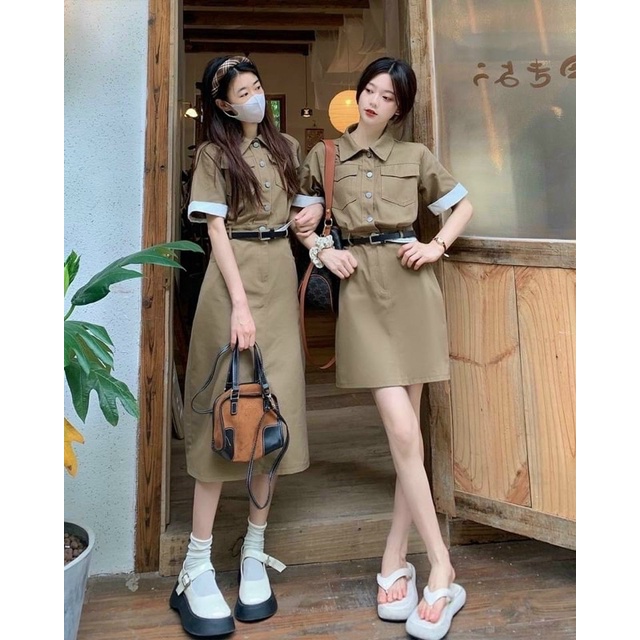 VÁY ĐẦM NÂU CỔ SƠMI TÚI LẮP HỘP TAY NGẮN PHA VIỀN KEM KHUY TRƯỚC KÈM ĐAI 2 DÁNG NGẮN VÀ DÀI QUA GỐI HOT