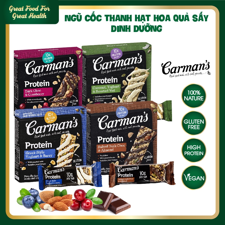 Ngũ cốc thanh hạt hoa quả sấy dinh dưỡng Protein Bar Carman's Hộp 200g