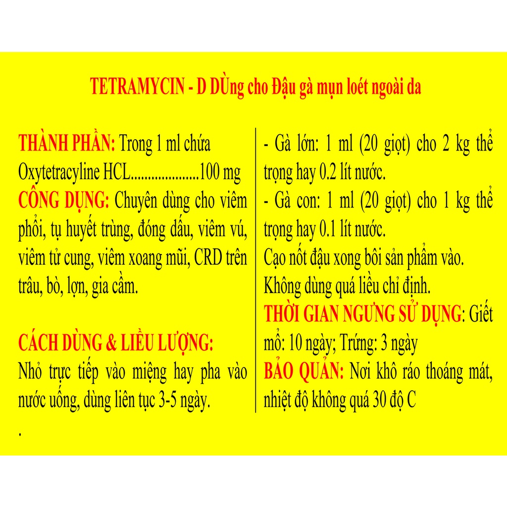 1 lọ TETRAMYCIN - D 10ml Chuyên Dùng cho đậu gà, đậu chim