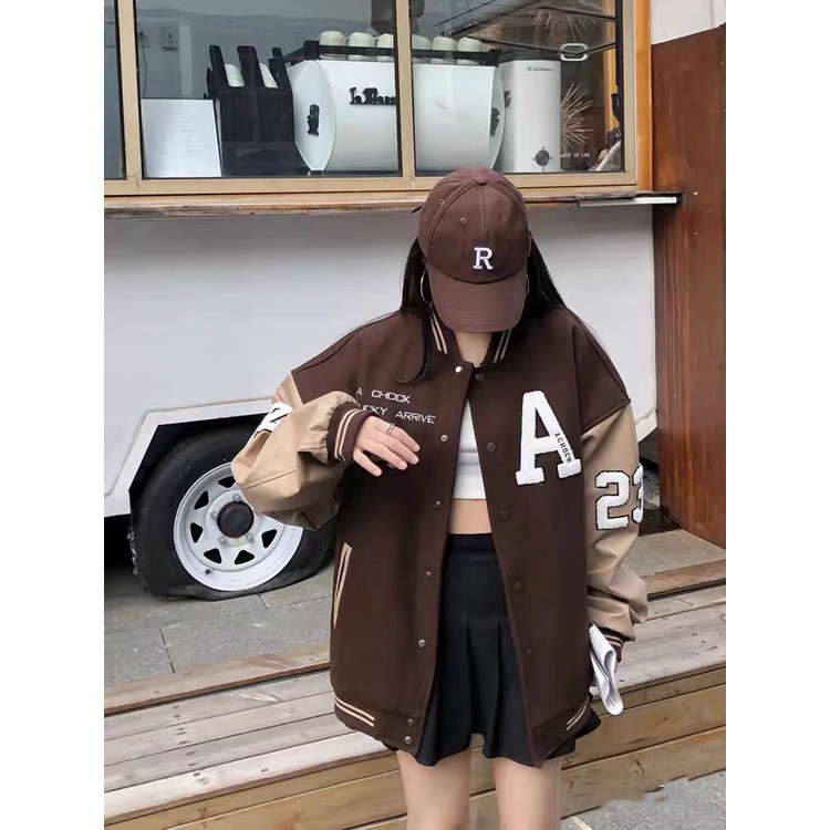 Áo khoác bomber nam nữ thêu chữ A varsity jacket freesize màu nâu tây phom rộng unisex mặc đôi hàn quốc C1040