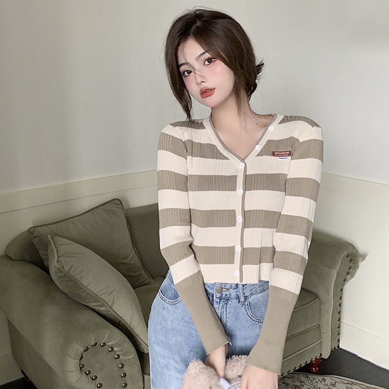 Áo Khoác Cardigan Tay Dài Cổ Chữ V Hoạ Tiết Kẻ Sọc Cho Phái Nữ