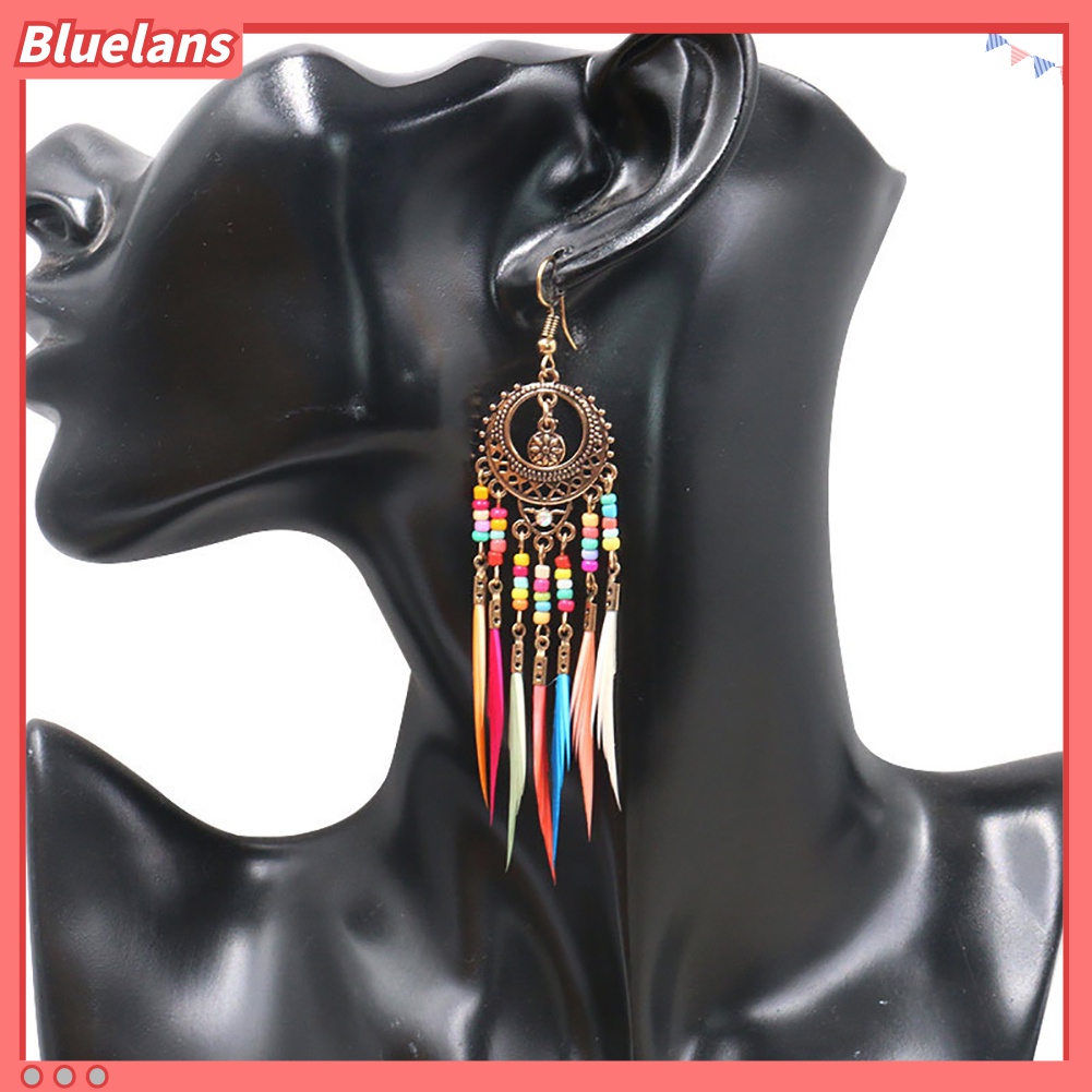 Bông Tai Dạng Móc Hình Tròn Khắc Họa Tiết Lông Vũ Tua Rua Phong Cách Boho Cho Nữ 48h