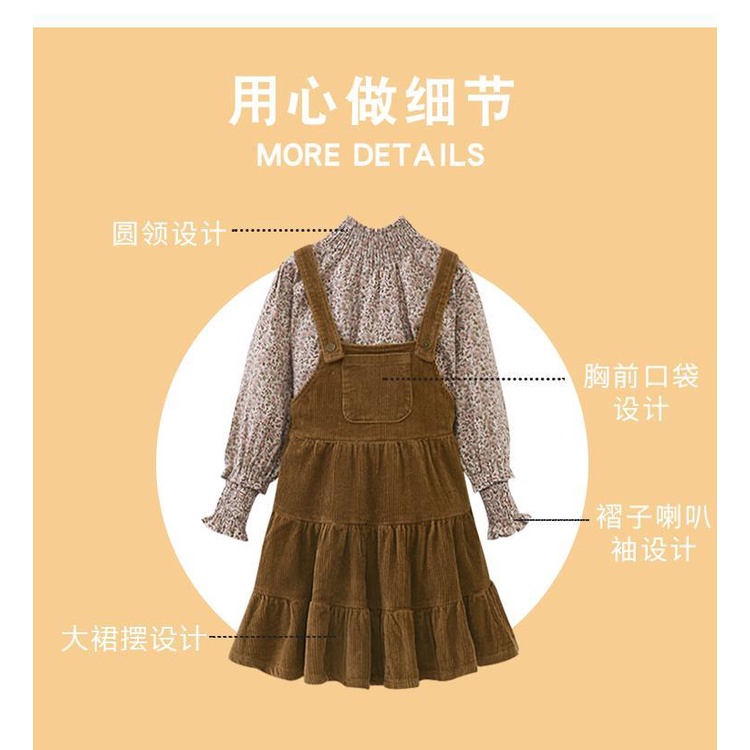 Set Áo Thun Dài Tay In Hoa + Đầm Yếm Thời Trang Hàn Quốc Cho Bé Gái