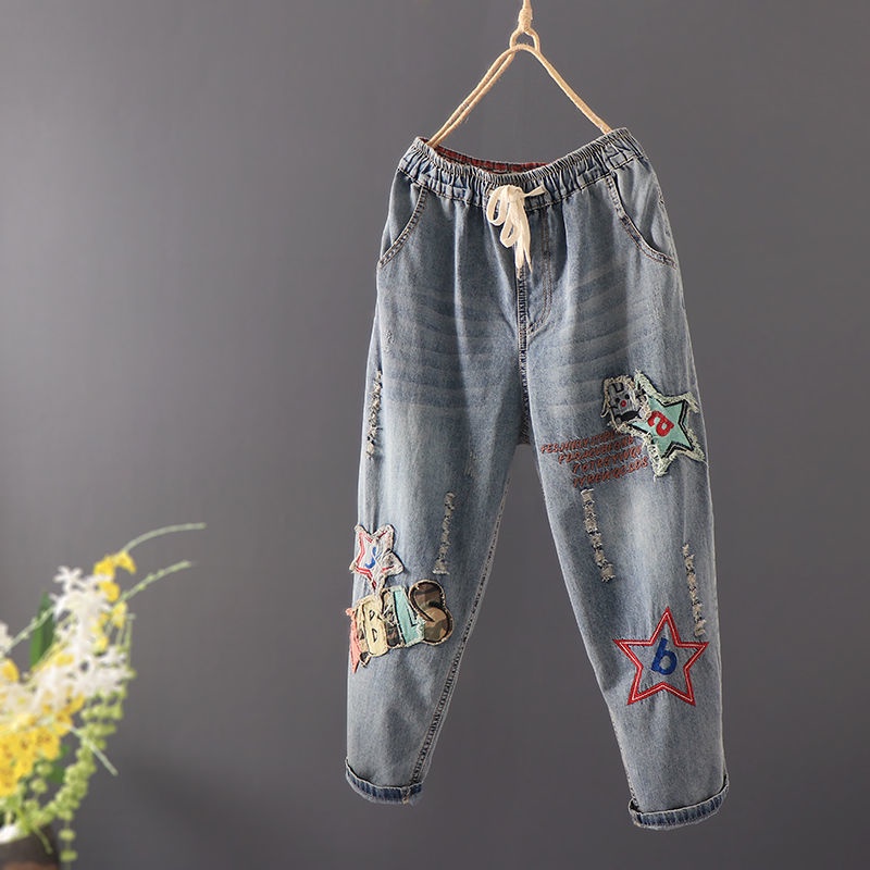 Quần Denim Dài Tới Mắt Cá Chân Nhiều Túi Thêu Hình Củ Cà Rốt Cổ Điển Cho Nữ