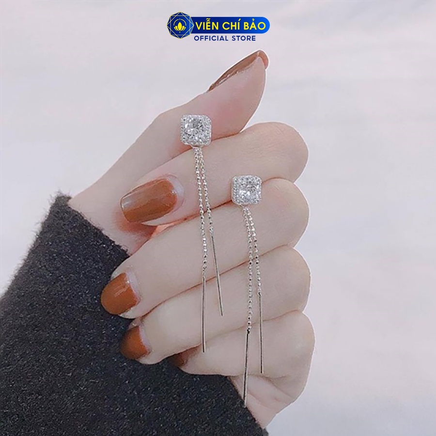Khuyên tai bạc nữ vuông tua đá trắng chất liệu bạc 925 thời trang phụ kiện trang sức Viễn Chí Bảo B400327
