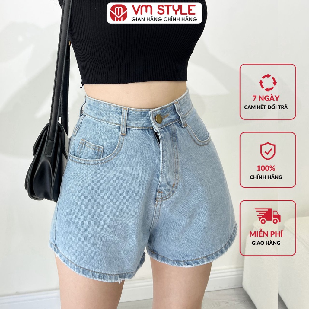 Quần đùi nữ VMSTYLE lưng cao, short jean ngố trơn lai thường - SJU00015