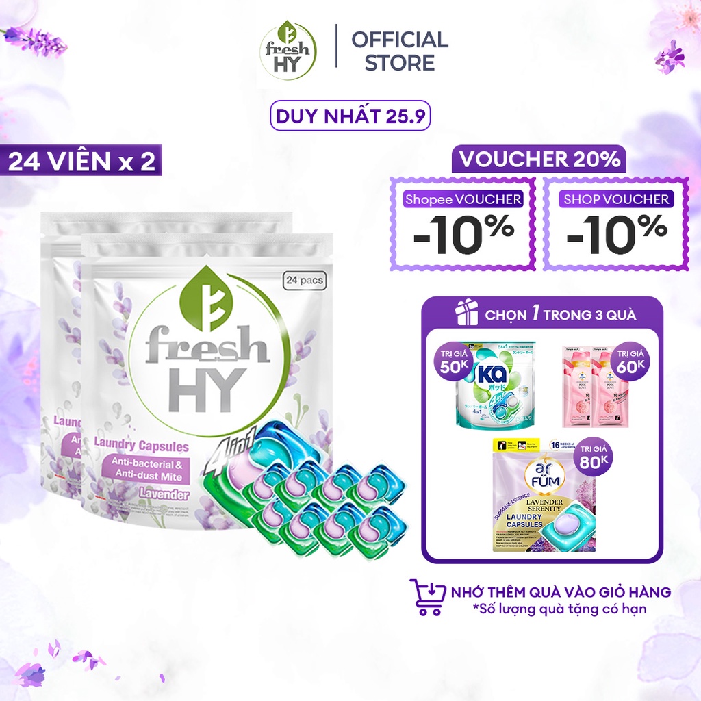 Combo 2 Túi Viên Giặt Xả Tiện Lợi 4 trong 1 Fresh Hy Hương Hoa Công Nghệ Nhật Bản (24 Viên/ Túi)