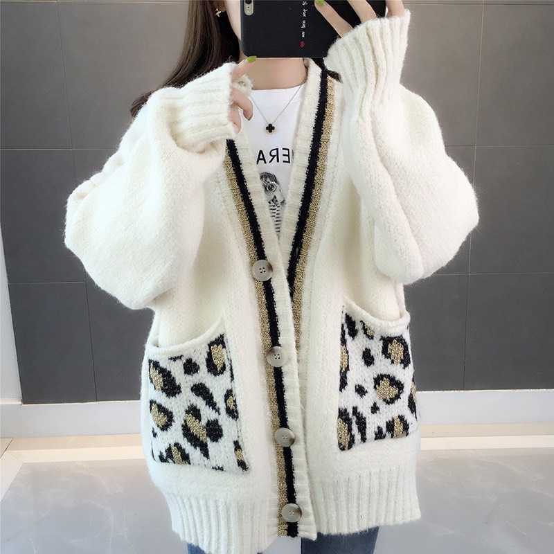 Áo khoác len cadigan nữ dáng dài, áo khoác ngoài họa tiết túi hình báo hàng Quảng Châu