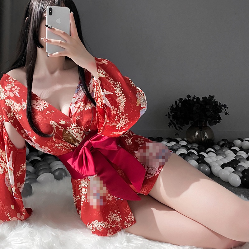 Bộ Đồ Ngủ Kimono Vải Voan Phối Ren Thắt Nơ Phong Cách Nhật Bản Gợi Cảm Cho Nữ YB5