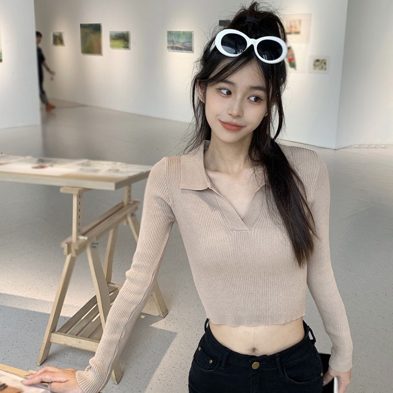 Áo Croptop Dệt Kim Tay Dài Màu Trơn Dáng Ôm Thời Trang Hàn Quốc Xinh Xắn Cho Nữ