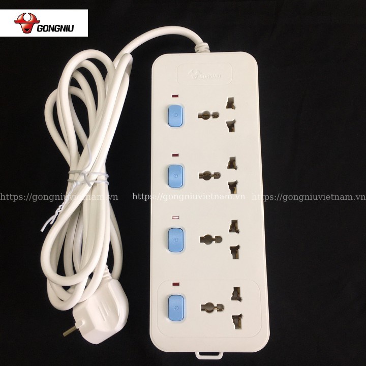 Ổ Cắm Điện Gongniu 4 Ổ Đa Năng 4 Công Tắc – Công Suất 10A/250/2500W – Trắng – Chính Hãng (N3040)
