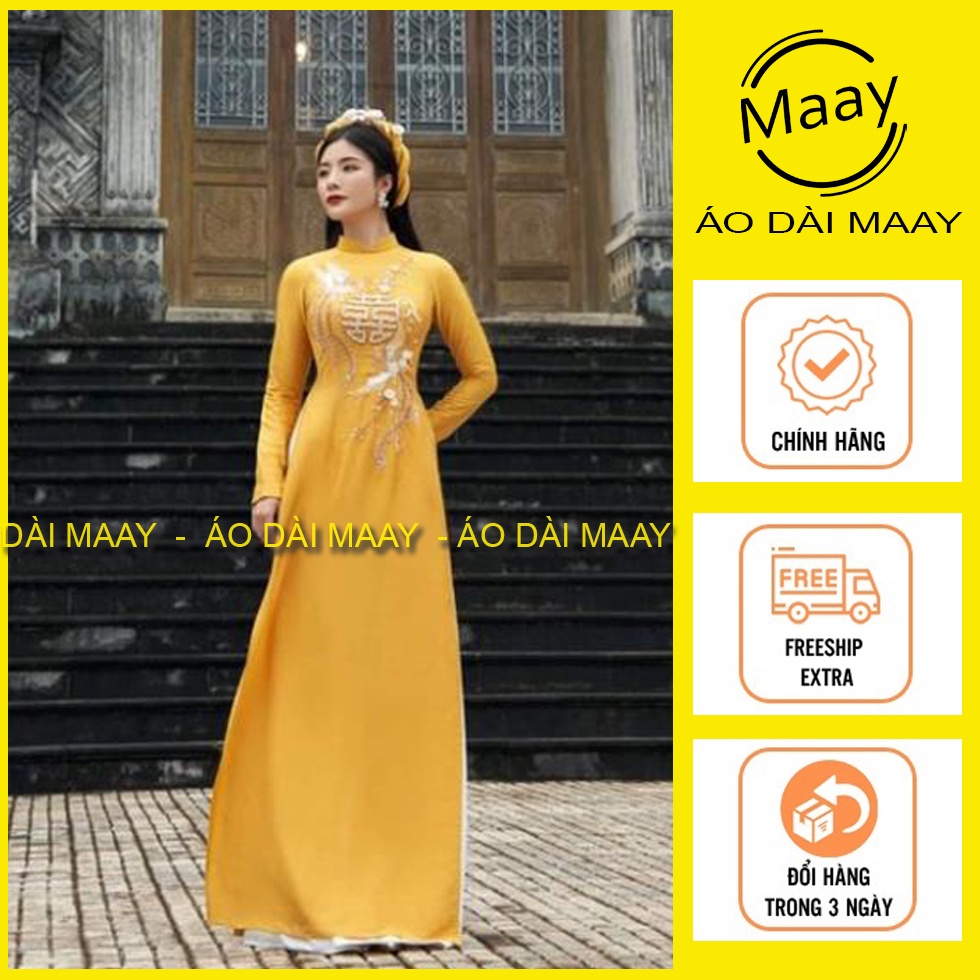 Áo dài cô dâu chú rể, áo dài cặp màu vàng đính kết sang trọng MAAY