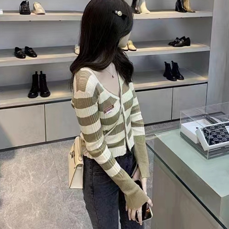 SUXI Áo Khoác Cardigan Dệt Kim Mỏng Dáng Ôm Cổ Chữ V Kẻ Sọc Kiểu Vintage Thời Trang Mùa Thu Cho Nữ