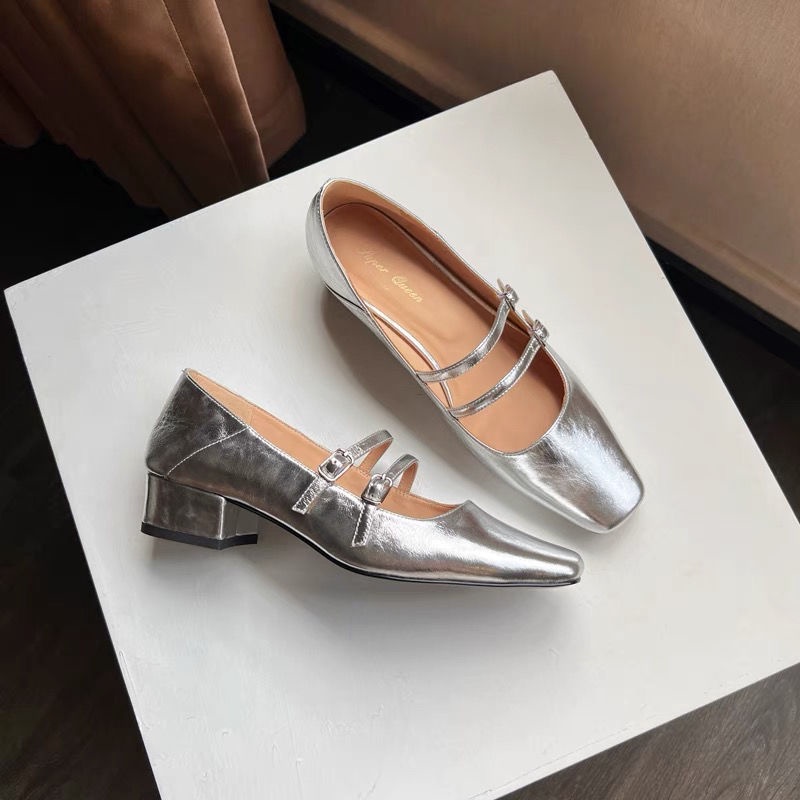Giày Cao Gót Mũi Vuông Bằng Da Thật Phối Khóa Gài Màu Bạc Thời Trang Sang Trọng Cho Nữ