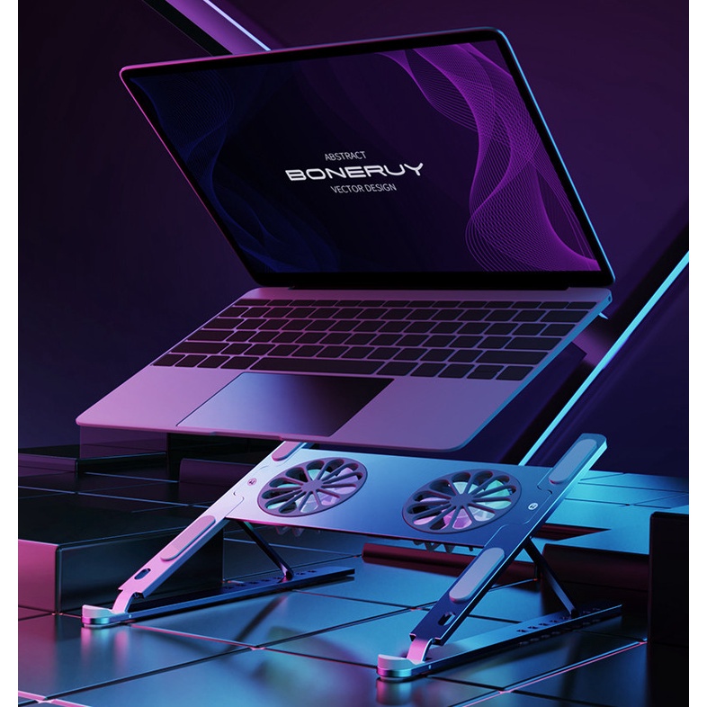 Giá đỡ laptop macbook nhôm 2 quạt LED gấp gọn tản nhiệt làm mát cho máy tính bảng iPad tablet cao cấp chỉnh độ cao