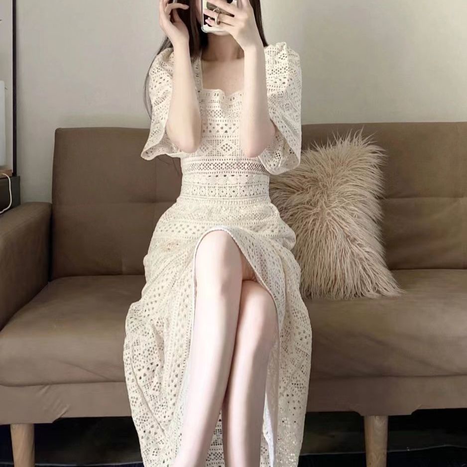 Đầm Ren Trắng Dáng Dài Cổ Vuông Phong Cách Pháp Thời Trang Mùa Hè Xinh Xắn Cho Nữ