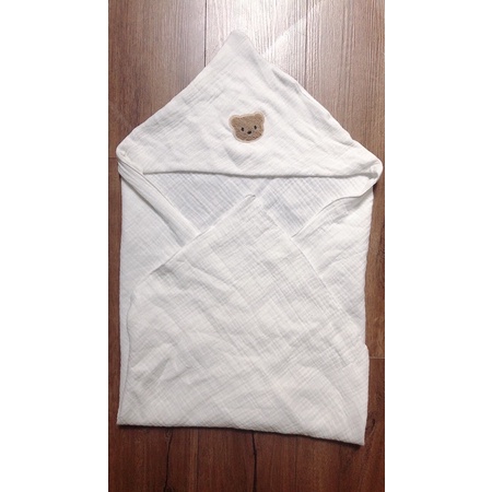 Khăn ủ tắm xô muslin 4 lớp cao cấp mũ thêu gấu cho bé sơ sinh