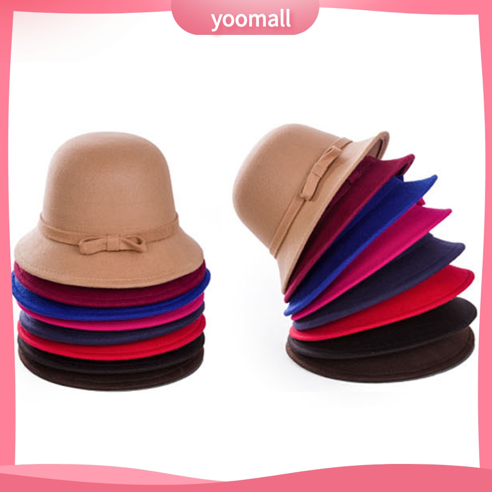 Yomall♡ Mũ Bowler Len Lông Cừu Màu Trơn Đính Nơ Thời Trang Thu Đông Cho Phái Nữ