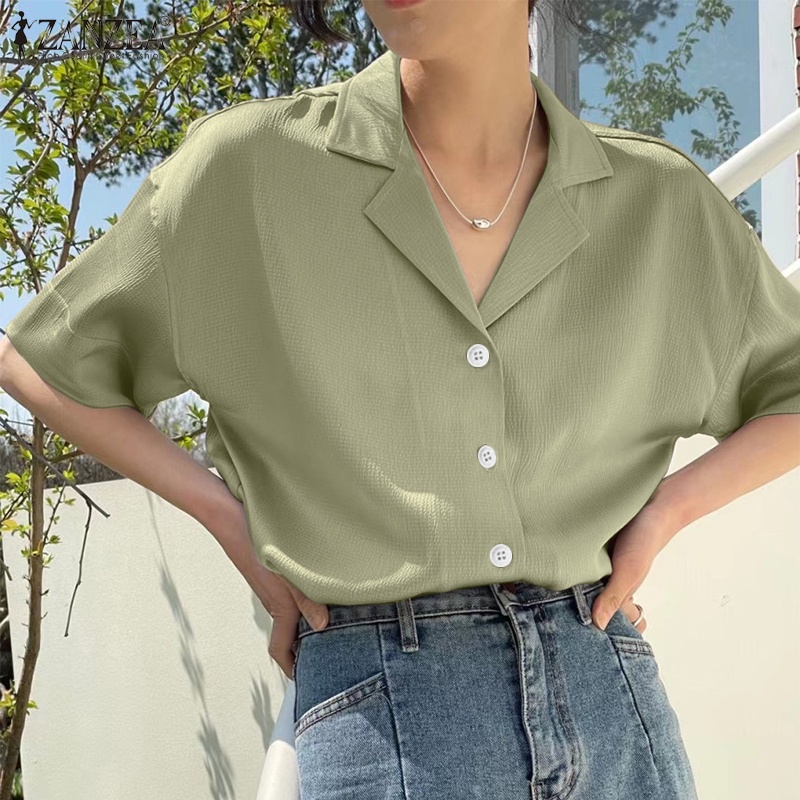 Áo sơ mi ZANZEA tay ngắn màu trơn phong cách Hàn Quốc cho nữ