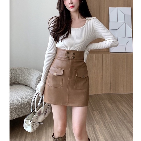 Chân váy da PU lưng cao phối cúc, chân váy lưng cao túi hộp cá tính Okélla