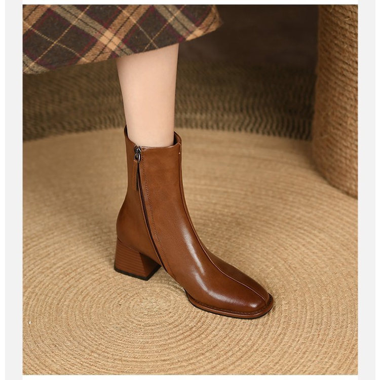 Giày Bốt Martin Gót Vuông Phối Khóa Kéo Bên Hông Kiểu Retro Cá Tính