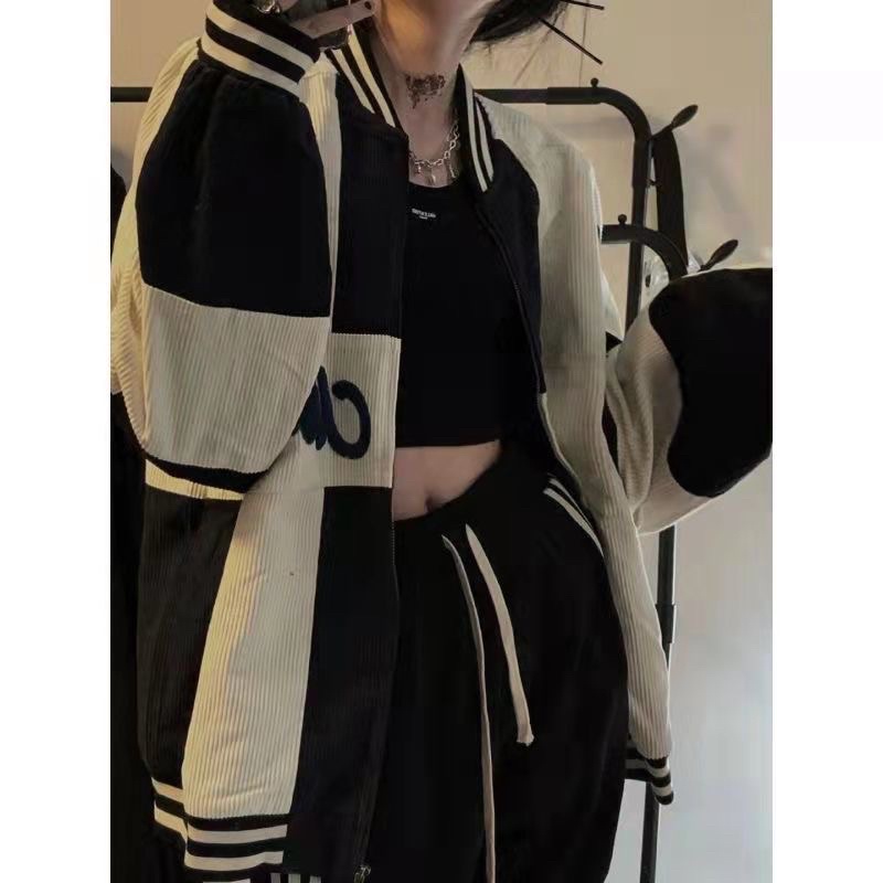 Áo khoác bóng chày, áo bomber kẻ nhung chữ thêu 2 lớp lót gió thời trang nam nữ doulbeh.store