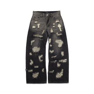 Quần cotton denim "GOLDIE WIDE-LEG MULTI DISTRESSED" giặt mài 12oz