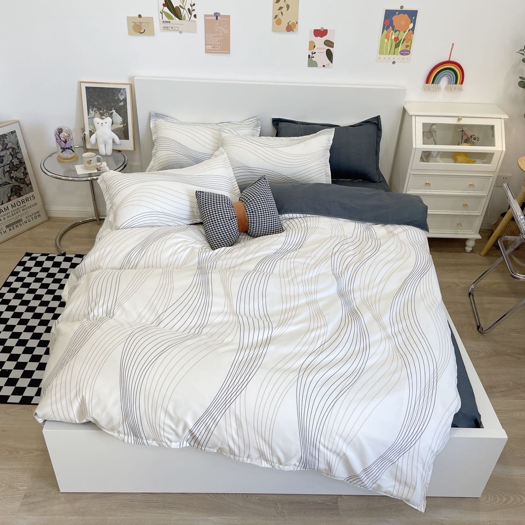 Bộ chăn ga gối cotton poly K'home set ga giường 4 món vỏ chăn ga gối có bo chun theo kích thước - Vân trắng