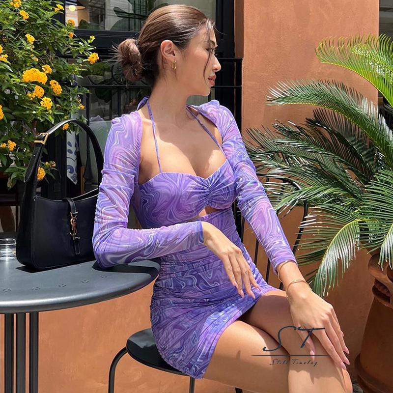 Đầm Ngắn Xếp Ly Tay Dài Cổ Yếm In Họa Tiết Hoa Thời Trang Xuân Thu CY03 Dành Cho Bạn Nữ