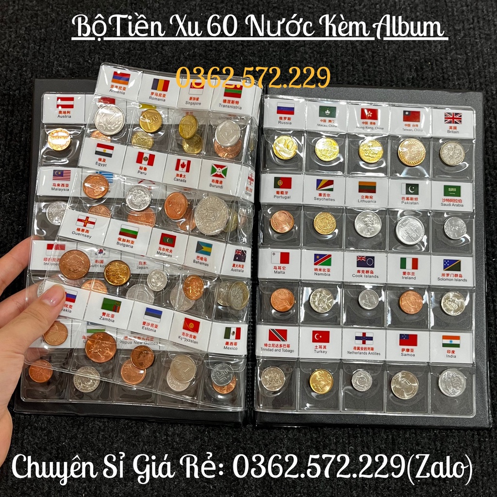 Bộ Sưu Tập Tiền Xu 60 Quốc Gia Kèm Album Sang Trọng, Sưu Tầm Từ 60 Nước Sang trọng