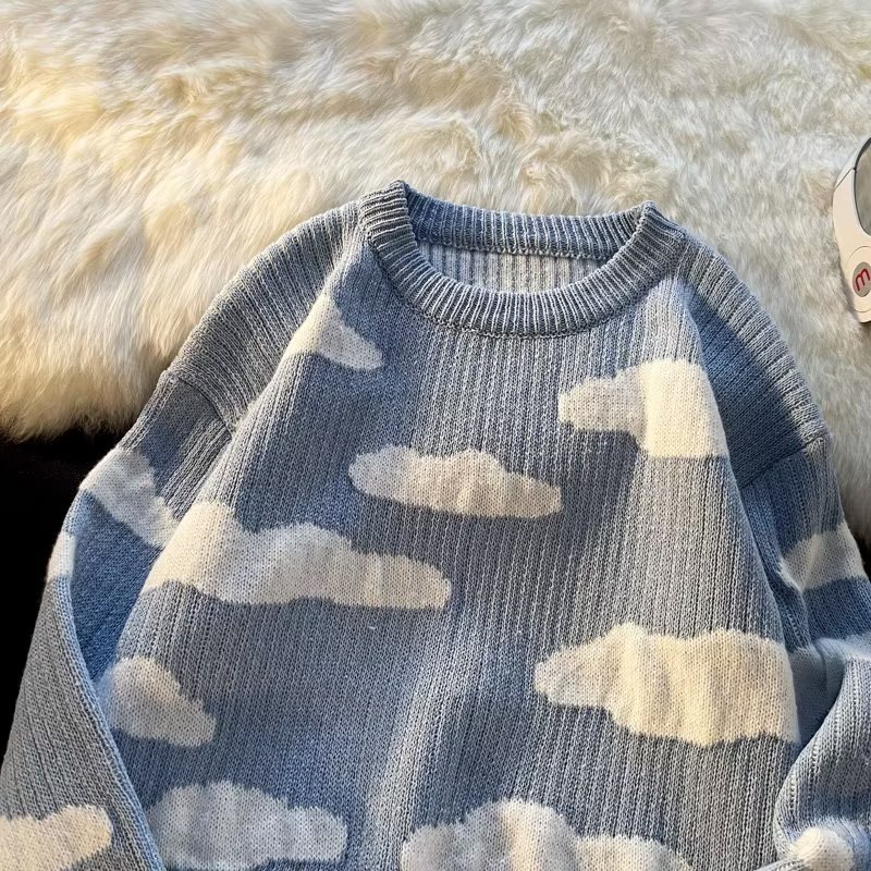 Áo Sweater Dệt Kim Dày Dặn Dáng Rộng In Hình Đám Mây Phong Cách Hàn Quốc Cho Nam Giới