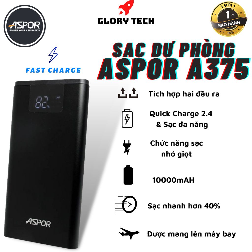 🎁TẶNG DÂY SẠC🎁Sạc dự phòng 10.000mAh sạc nhanh 37W + Tích hợp màn hình Led + Tích hợp 2 cổng sạc - Hãng ASPOR A375