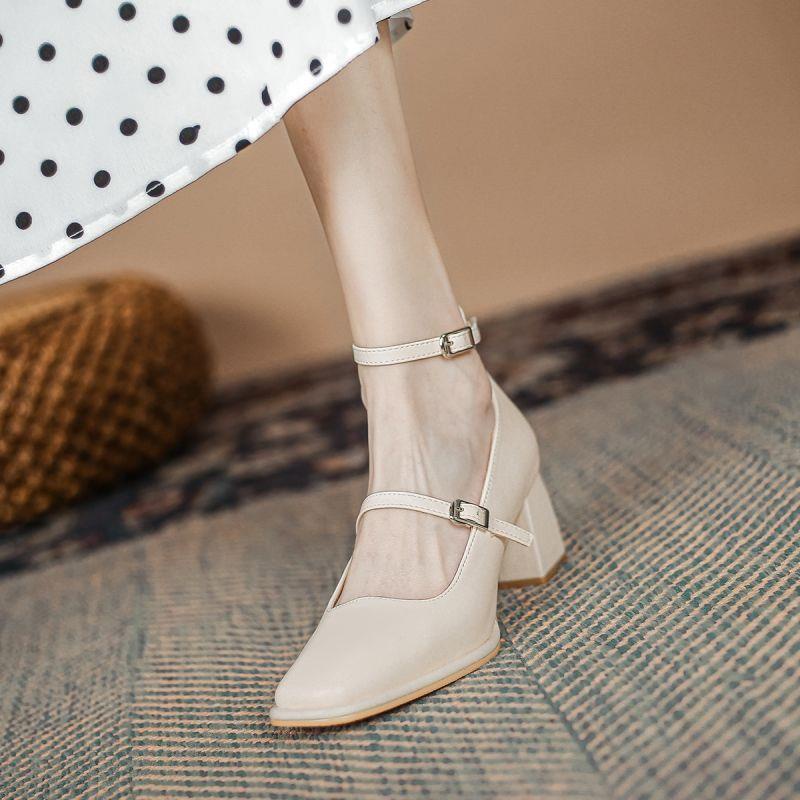 Giày Cao Gót Mũi Vuông Gót Dày Màu Đỏ Rượu Phong Cách retro Pháp Mới Cho Nữ