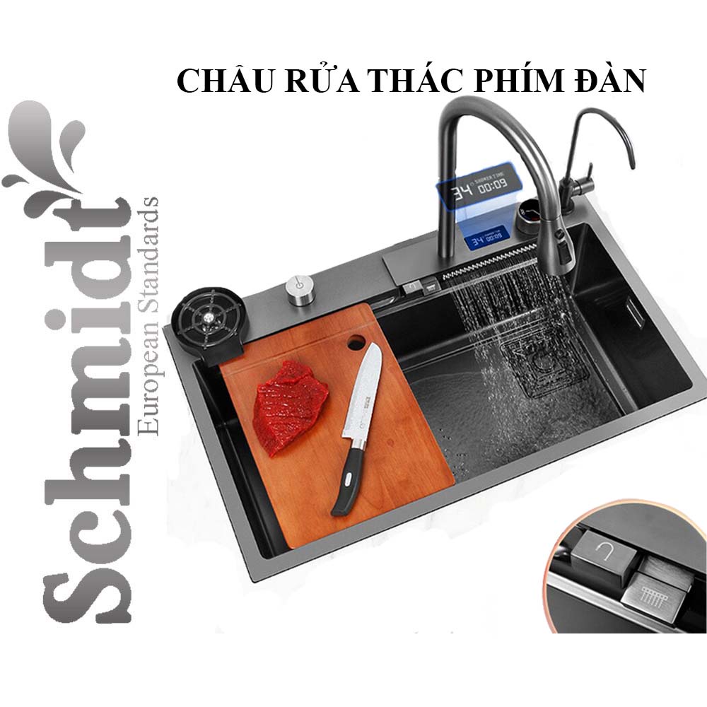Chậu Rửa Bát Một Hố Lớn Schmidt 75x46 Inox 304 Mạ Nano Đen Kết Hợp Vòi Rút + Thác Nước + Máy rửa cốc - Màn Hình Hiển Thị