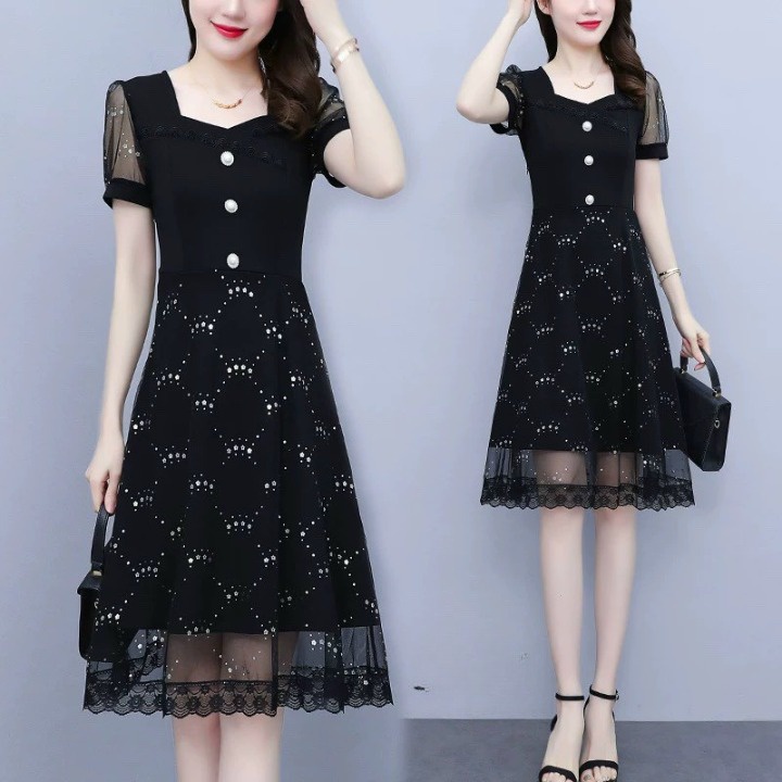 Váy đầm trung niên cho mẹ dự tiệc màu đen dáng xòe tay lỡ đính kim tuyến Linhnastore