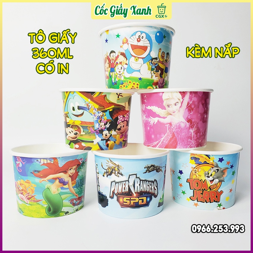 50 Tô Bát Giấy 360Ml Có Nắp, In Họa Tiết Siêu Đẹp Dùng 1 Lần Đựng Kem, Cháo Dinh Dưỡng