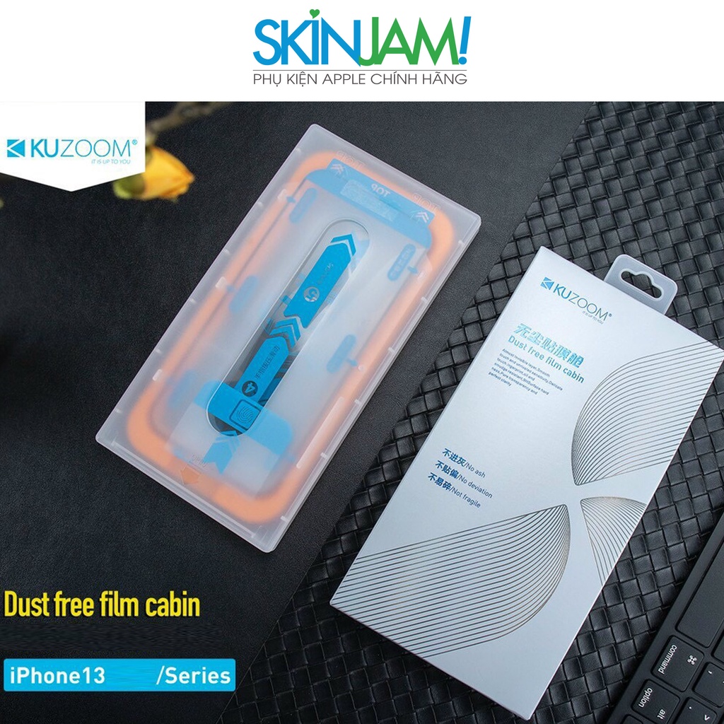 Kuzoom iP 14 Kính Cường Lực Kuzoom Full Màn Trong Suốt Có Khung Trợ Dán iP 14 Đến 13 ProMax