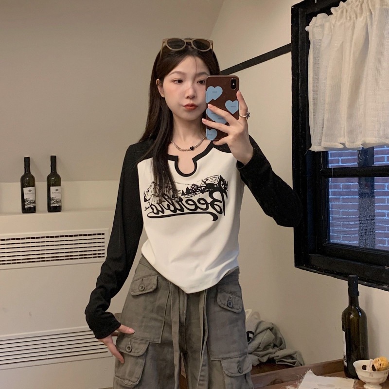 Áo thun NZN tay dài in chữ phối màu tương phản cá tính thời trang Hàn Quốc cho nữ