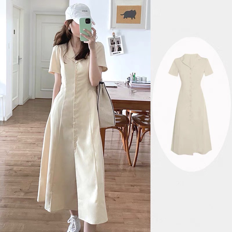 Váy KaKi Cổ Vest Dáng Dài Xẻ Đùi Cá Tính Có Ảnh Thật