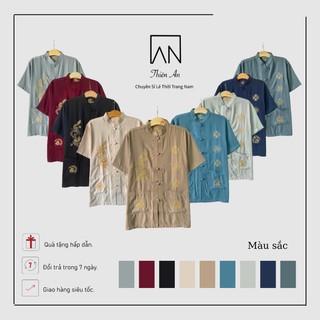Áo cổ tàu nam trung niên áo sơ mi nam cổ tàu chất đũi thoáng mát thêu rồng phượng cao cấp