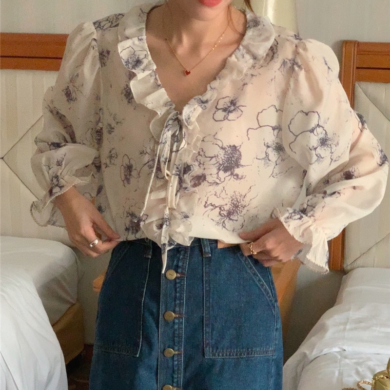 SUXI Áo Sơ Mi Chiffon Tay Dài Cổ Chữ V Họa Tiết Hoa Phong Cách Vintage Hàn Quốc